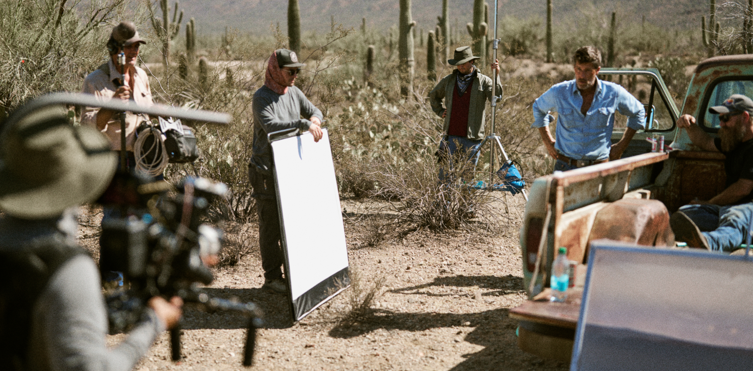 Actor and film crew on set of the 8 Years in the Desert short film.
